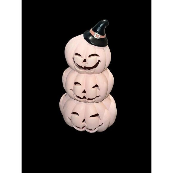 LED Stacked 3 tier Pink Halloween Pumpkins w witch hat - Picture 3 of 5